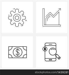Pixel Perfect Set of 4 Vector Line Icons such as gear, money, engine, data, cash Vector Illustration