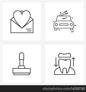 Pixel Perfect Set of 4 Vector Line Icons such as heart, office, car, stamp, cover Vector Illustration