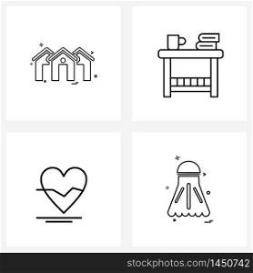 Pixel Perfect Set of 4 Vector Line Icons such as house, heartbeat, house, furniture, medical Vector Illustration