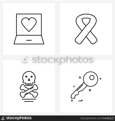 Pixel Perfect Set of 4 Vector Line Icons such as laptop; skull; heart; medial; bones Vector Illustration