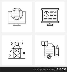 Pixel Perfect Set of 4 Vector Line Icons such as monitor; signal; web; computer; service Vector Illustration