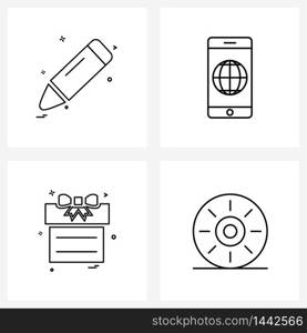 Pixel Perfect Set of 4 Vector Line Icons such as pencil, surprise, pen, globe, Vector Illustration