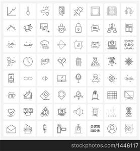 Pixel Perfect Set of 64 Vector Line Icons such as paper pin, gate, share, open, door Vector Illustration