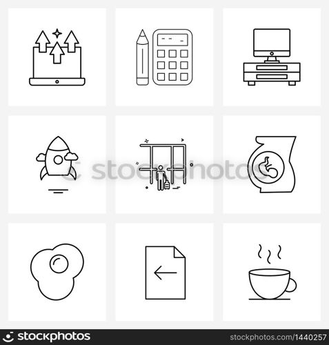 Pixel Perfect Set of 9 Vector Line Icons such as airport, transport, table, space craft, rocket Vector Illustration
