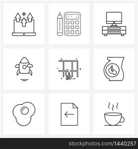 Pixel Perfect Set of 9 Vector Line Icons such as airport, transport, table, space craft, rocket Vector Illustration