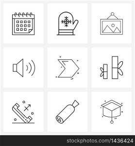 Pixel Perfect Set of 9 Vector Line Icons such as arrow, speaker, winter mittens, entomic, landscape Vector Illustration