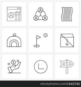 Pixel Perfect Set of 9 Vector Line Icons such as ball, seaside, check, igloo, paper Vector Illustration