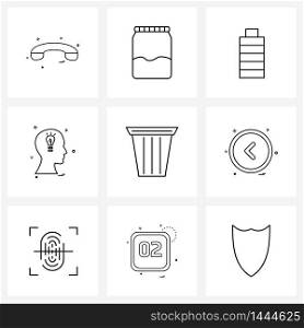 Pixel Perfect Set of 9 Vector Line Icons such as bin, dustbin, battery, trash, brain Vector Illustration