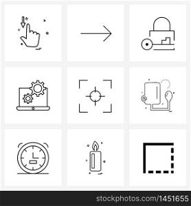 Pixel Perfect Set of 9 Vector Line Icons such as blood pressure, target, lock, angle, setting Vector Illustration