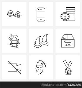 Pixel Perfect Set of 9 Vector Line Icons such as box, tail, dollar, sea, weapons Vector Illustration