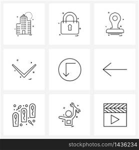Pixel Perfect Set of 9 Vector Line Icons such as circle, doc, down, direction Vector Illustration