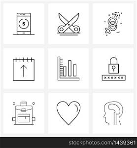 Pixel Perfect Set of 9 Vector Line Icons such as date, day, tool, date, women Vector Illustration
