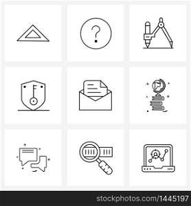 Pixel Perfect Set of 9 Vector Line Icons such as email, message, compass, protection, key Vector Illustration