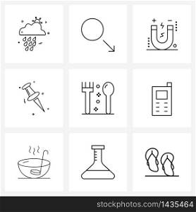 Pixel Perfect Set of 9 Vector Line Icons such as food, paper pin, down, pin, science Vector Illustration