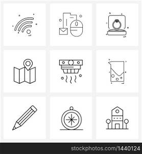 Pixel Perfect Set of 9 Vector Line Icons such as jug, smoke, ring, detector, location Vector Illustration