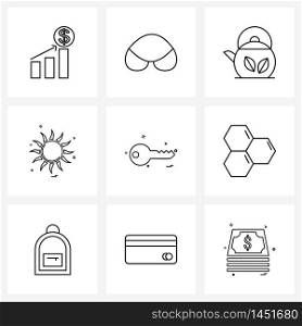 Pixel Perfect Set of 9 Vector Line Icons such as key, solar system, brew, solar, sun Vector Illustration