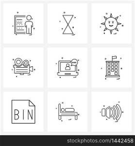 Pixel Perfect Set of 9 Vector Line Icons such as laptop, movie making, sun, video, camera Vector Illustration