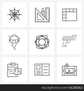 Pixel Perfect Set of 9 Vector Line Icons such as lifebuoy, handle, cells, fire, equipment Vector Illustration
