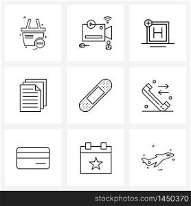 Pixel Perfect Set of 9 Vector Line Icons such as medical, plaster, hospital, text, document Vector Illustration