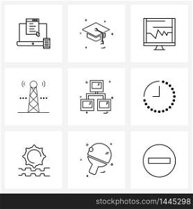 Pixel Perfect Set of 9 Vector Line Icons such as network, smart, computer, tower, pulse Vector Illustration