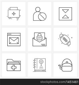 Pixel Perfect Set of 9 Vector Line Icons such as secure message, message, arrow, mail, email Vector Illustration