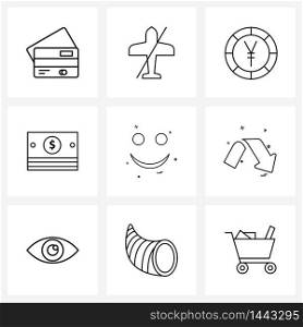Pixel Perfect Set of 9 Vector Line Icons such as smile, emoji, coin, dollar, money Vector Illustration