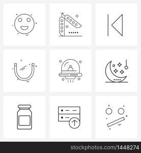 Pixel Perfect Set of 9 Vector Line Icons such as spaceship, alien, vegetable, magnet design, magnet Vector Illustration