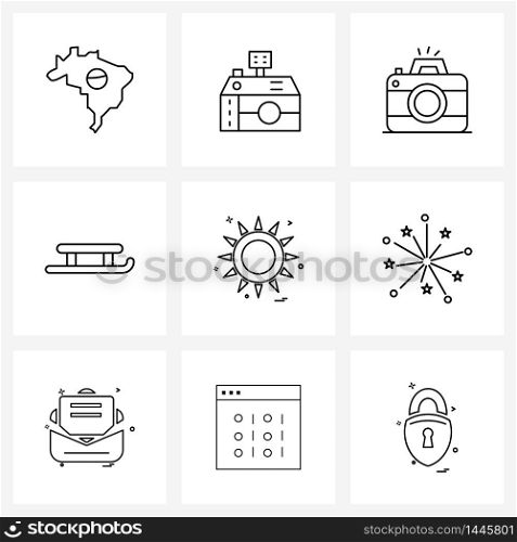 Pixel Perfect Set of 9 Vector Line Icons such as sunny, sun, image, sun, skating Vector Illustration