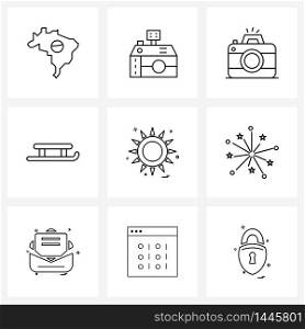 Pixel Perfect Set of 9 Vector Line Icons such as sunny, sun, image, sun, skating Vector Illustration