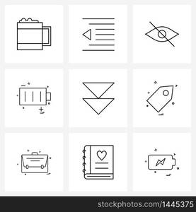 Pixel Perfect Set of 9 Vector Line Icons such as tag, down, protection, arrow, power Vector Illustration