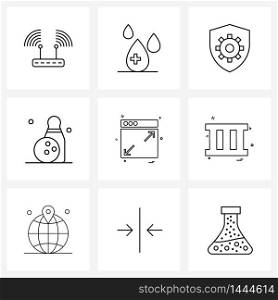 Pixel Perfect Set of 9 Vector Line Icons such as websites, web, security, travel, bowling Vector Illustration