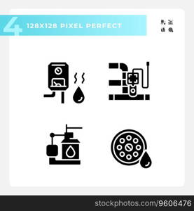 Pixel perfect set of glyph style icons representing plumbing, simple silhouette illustration.. 2D glyph style plumbing icons collection