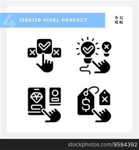 Pixel perfect silhouette icons representing comparisons, black glyph style illustration set.. Pixel perfect glyph style black comparisons icons collection