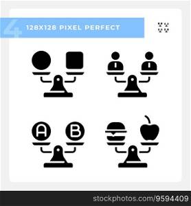 Pixel perfect silhouette icons set of comparisons, glyph style illustration. 2D pixel perfect glyph style black comparisons icons
