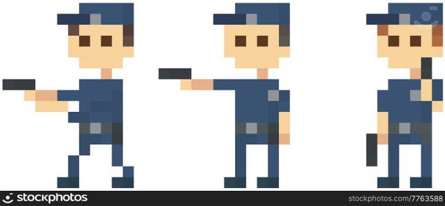 Pixel policemen with pistol. Officers in blue uniform preparing to attack. Pixel game characters stand with weapons on white background. Pixelated group of cops holding handgun, fight criminals. Pixel policemen with pistol. Officers in blue uniform. Pixelated group of cops holding handgun