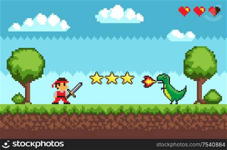 Pixel retro style of 8bit game mode character arcade vector. Man with sword fighting against dangerous dragon spitting fire, fight battle, lives status. Pixel Retro Style of Game Mode Character Arcade
