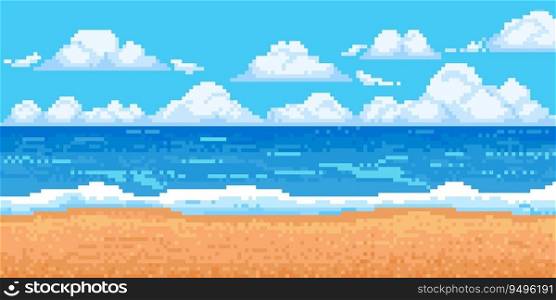 Pixel sea landscape. 8-bit sun beach with wave, cloud and sand. Game summer ocean panorama. Cloudy blue sky with horizon background. Pixels island scene. Vector illustration. Beautiful paradise. Pixel sea landscape. 8-bit sun beach with wave, cloud and sand. Game summer ocean panorama. Cloudy blue sky with horizon background. Pixels island scene. Vector illustration
