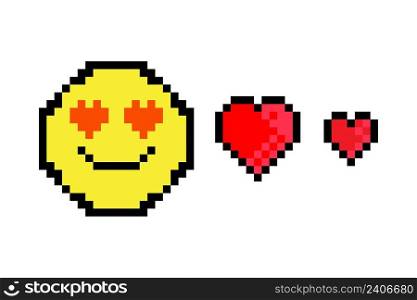 pixel smiley hearts. Love symbol. Pixel art. Red heart. Happy face. Cute character logo. Vector illustration. stock image. EPS 10. . pixel smiley hearts. Love symbol. Pixel art. Red heart. Happy face. Cute character logo. Vector illustration. stock image. 
