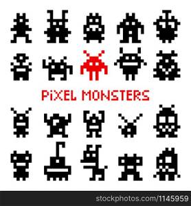 Pixel space monsters. Vintage arcade video game invaders vector illustration. Pixel space monsters