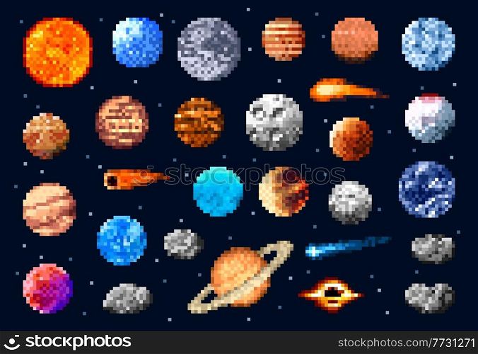 Pixel space planets and stars, asteroids and comets. Universe galaxy satellite and meteorite retro 8bit game icons. Vector retro astronomy objects in space, pixel art fantasy and solar system planets. Pixel space planets and stars, asteroids or comets