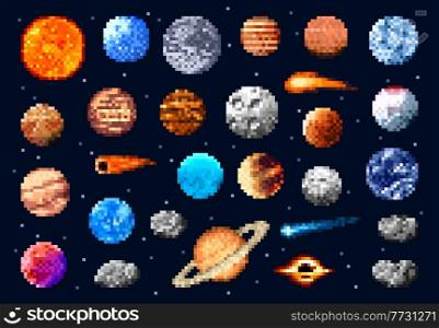 Pixel space planets and stars, asteroids and comets. Universe galaxy satellite and meteorite retro 8bit game icons. Vector retro astronomy objects in space, pixel art fantasy and solar system planets. Pixel space planets and stars, asteroids or comets