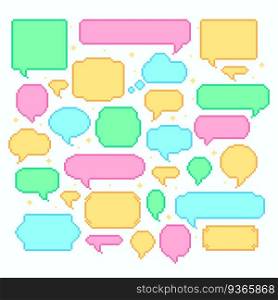 Pixel speech bubbles. Talk and communication message 8-bit style, chat square banner for conversation, vector illustration. Pixel speech bubbles. Talk and communication message 8-bit