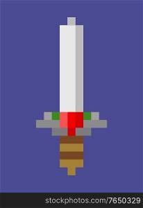 Pixel sword for arcade game vector, isolated icon of weapon in flat style,mosaic medieval object with sharp blade, protection geometric pixel art. Pixel Sword with Handle and Sharp Blade Vector