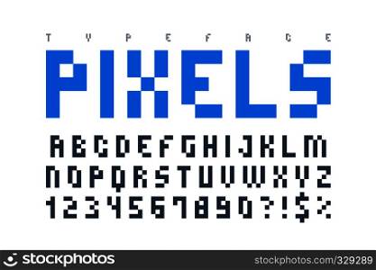 Pixel trendy typeset, simple font, system computer script. Original design. Vector illustration. Pixel trendy typeset, simple font, system computer script