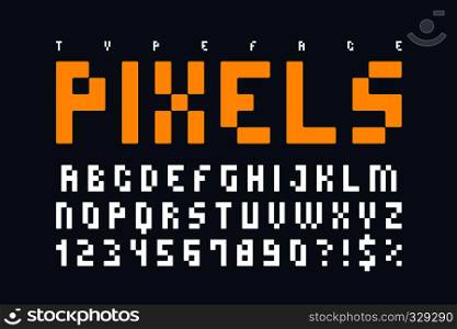 Pixel trendy typeset, simple font, system computer script. Original design. Vector illustration, decorative typeset. EPS10. Pixel trendy typeset, simple font, system computer script