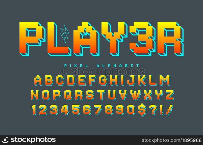 Pixel vector alphabet design, stylized like in 8-bit games. High contrast and sharp, retro-futuristic. Easy swatch color control. Resize effect.. Pixel vector alphabet design, stylized like in 8-bit games