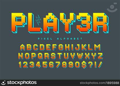 Pixel vector alphabet design, stylized like in 8-bit games. High contrast and sharp, retro-futuristic. Easy swatch color control. Resize effect.. Pixel vector alphabet design, stylized like in 8-bit games