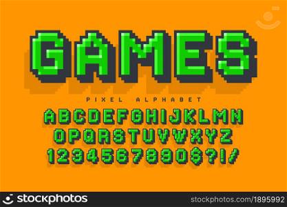 Pixel vector alphabet design, stylized like in 8-bit games. High contrast and sharp, retro-futuristic. Easy swatch color control. Resize effect.. Pixel vector alphabet design, stylized like in 8-bit games.