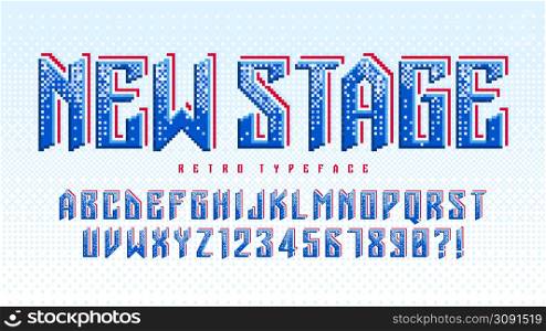 Pixel vector alphabet design, stylized like in 8-bit games. High contrast and sharp, epical style. Easy swatch color control. Resize effect.. Pixel vector alphabet design, stylized like in 8-bit games.