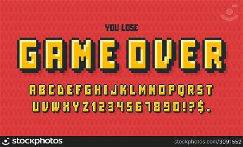 Pixel vector alphabet design, stylized like in 8-bit games. High contrast and sharp, retro-futuristic. Easy swatch color control. Resize effect.. Pixel vector alphabet design, stylized like in 8-bit games.